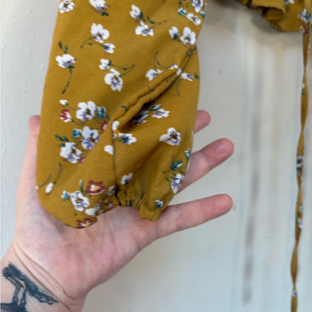 Floral Mustard Yellow Cropped Peasant Top Long Sleeve Cottagecore M Romwe - Picture 5 of 7